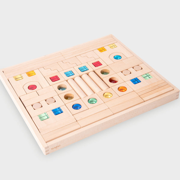 Wooden building gem blocks set of 82 with tray – colorful educational toy for kids' creativity and sensory play